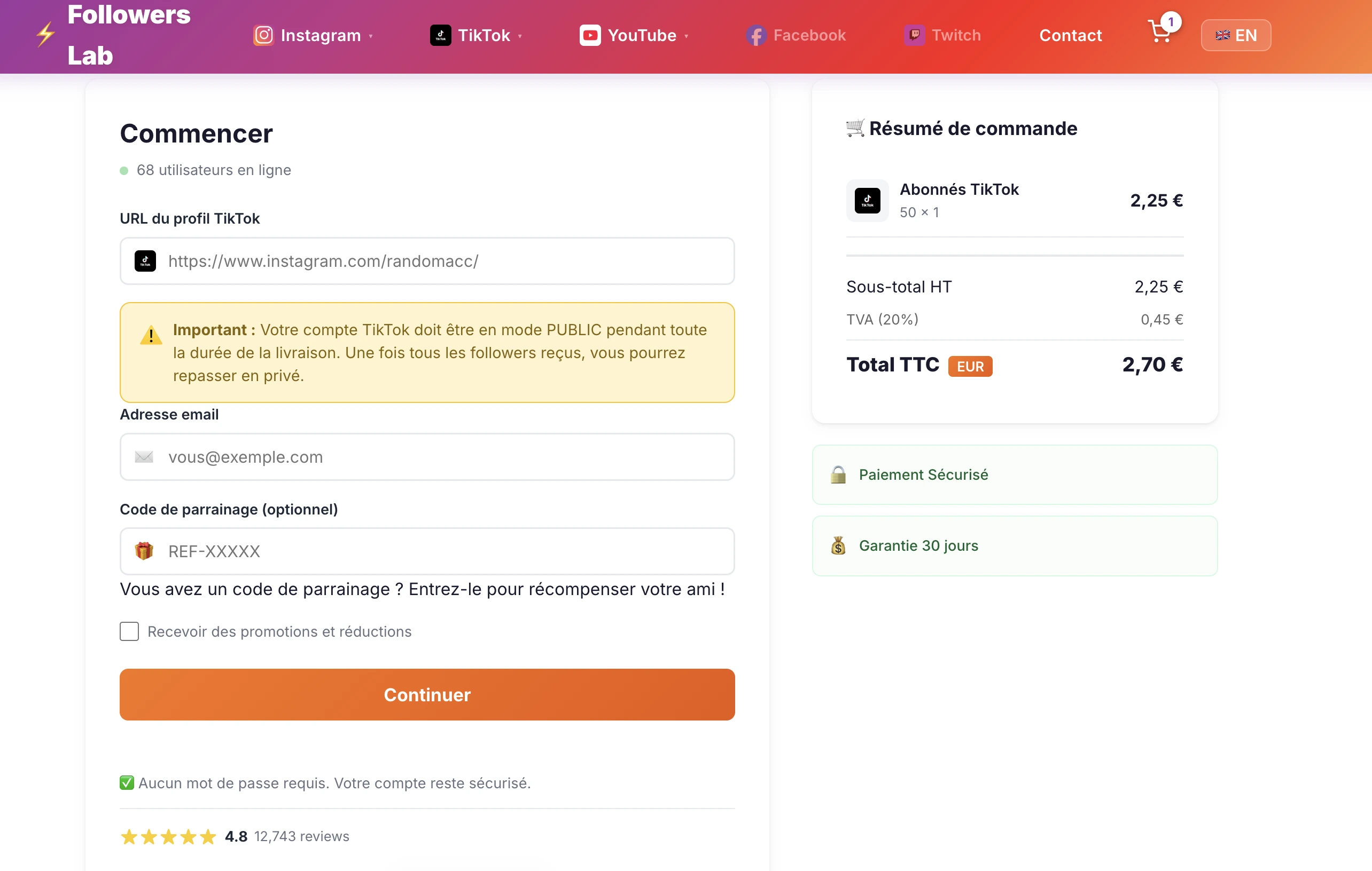 Processus de commande pour acheter followers TikTok sur Followers Lab